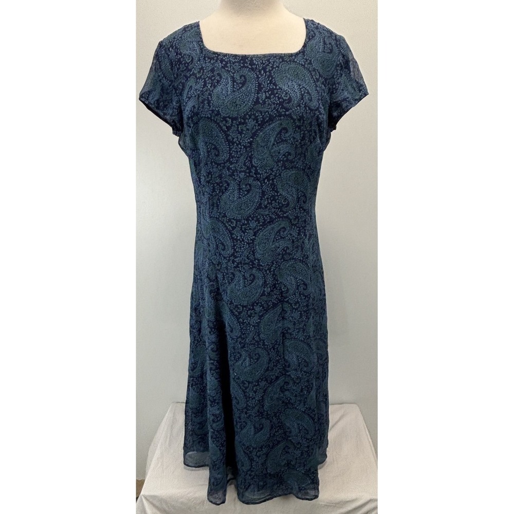 Coldwater Creek 100% Silk Paisley Dress Sz 12 Women's Navy Midi Classic Flowy